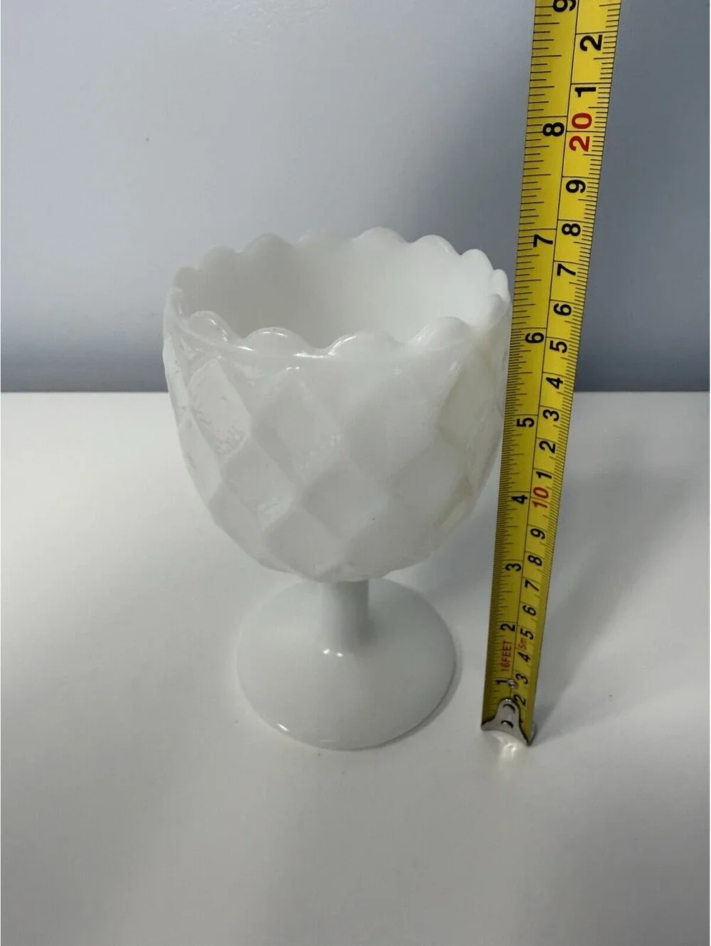 VTG Diamond Quilted White Milk Glass Water Wine Goblet Compote Pedestal 6.25” H